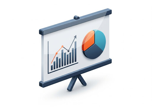3d icon of a marketing strategy board with charts, graphs and sticky notes, isometric view, minimal clay render, high resolution, white background.