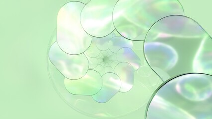Fototapete - Abstract animation shows an unfolding spiral composed of iridescent oval shapes on a light green background, creating a mesmerizing visual effect