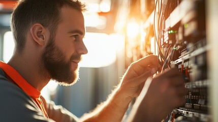 Poster - Technician performing electrical maintenance in control room during sunset while managing wires and equipment
