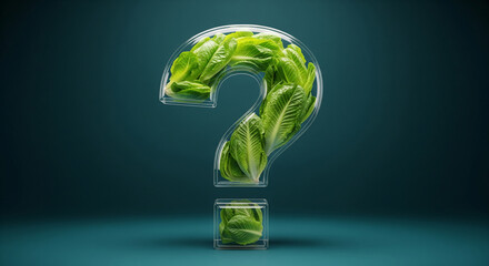 Poster - Glass question mark and exclamation point filled with green lettuce leaves against a teal background, symbolizing healthy eating or food choices