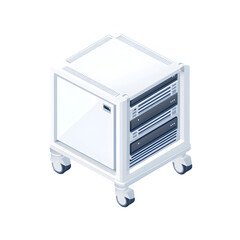 Poster - Premium 3D render presenting A compact data center cart in isometric layout, white gear and casing. Top down view on isolated white background, ideal for product mockups and e commerce use.