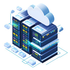 Poster - Detailed 3D render featuring A cloud-computing themed isometric rack filled with network switches and labeled drives. Dynamic perspective angle ideal for product mockups.