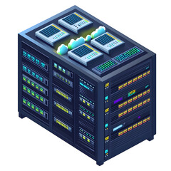 Fototapete - High resolution 3D render showcasing A cloud-computing themed isometric rack filled with network switches and labeled drives. Side angle perspective ideal for product mockups.