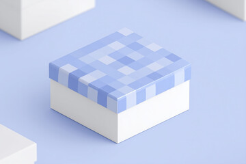 Poster - Blue patterned gift box mock up with a pixelated lid design, placed on a soft pastel background, ideal for showcasing branding or packaging concepts in a creative project