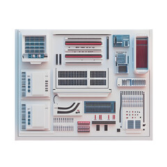 Fototapete - High resolution 3D render showcasing A clean digital model of server components organized in layers within a white frame. Front view set on a pure white background, ideal for product mockups.