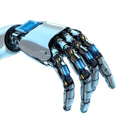 Aufkleber - Detailed 3D render featuring A chrome robotic hand with articulated fingers tightly gripping a glowing blue microchip. Front view on isolated white background, ideal for product mockups.