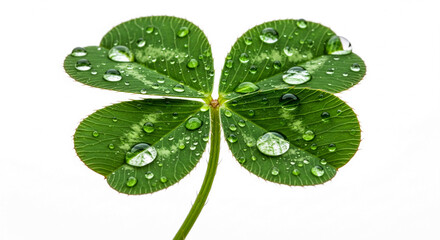 Poster - Close-up of four-leaf clover with water droplets, showcasing vibrant green foliage and natural texture, symbolizing luck and freshness