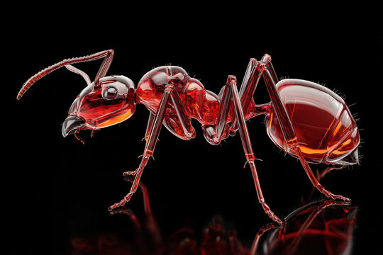 Transparent Ant 3D Rendering. A striking 3D rendering of a vibrant, transparent ant against a black background.