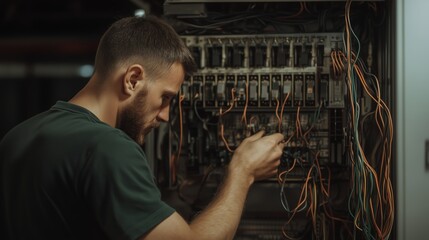 Poster - Technician working on electrical panel wiring at a facility during evening hours