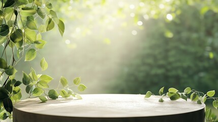 Poster - Sunlight filters through greenery illuminating a round tabletop in a tranquil natural setting