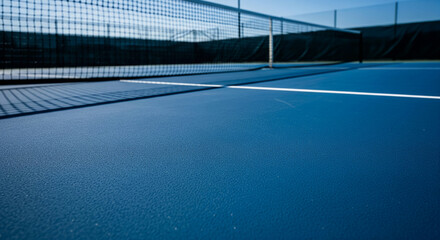 Poster - Close-up of blue tennis court surface with net in background, showcasing texture and detail, representative of sport and leisure