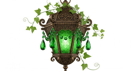 Aufkleber - Ornate bronze lantern with green glass panels and emerald teardrop accents, adorned with ivy vines, showcasing elegant design and nature's beauty, ideal for luxury or fantasy themes