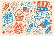 © Mostafizur - Whimsical handdrawn illustration of Uncle Sam with fireworks, cupcakes, gifts, and American flag, celebrating the 4th of July