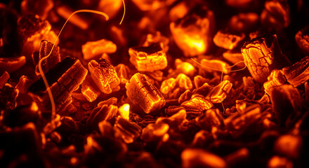 Poster - Close-up of glowing embers, orange and red hues, showing texture and detail, representing warmth, energy, and combustion