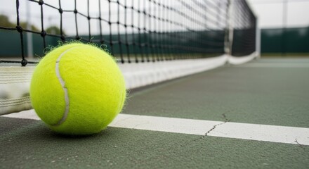 A yellow tennis ball rests against the net on a hard court with a cracked white line, on a cloudy day.