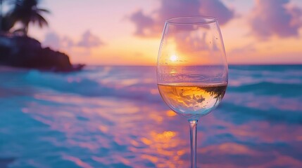 Wall Mural - White wine glass on beach at sunset, tropical island background. Perfect for travel ads, vacation themes, and luxury lifestyle brands.