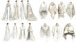 © Creative Nest - Elegant watercolor fashion illustration of long gowns and embroidered capes with floral details, featuring front and back views of high-fashion female attire.