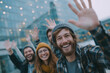 © La Neve - Cheerful Friends' Greeting: A joyful gathering of friends waves hello, radiating happiness and togetherness, in a scenic outdoor setting, creating a sense of warmth and connection.