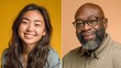 © huiying - Friendly studio headshots of a young Asian woman and a middle-aged Black man smiling warmly side by side, captured with soft light and a clean neutral background for diversity, inclusion,