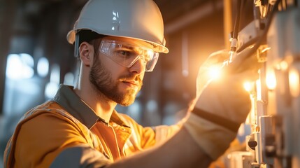 Poster - Electrical technician performs maintenance on control panel in industrial facility during evening hours