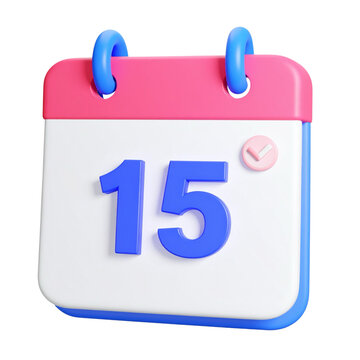A 3D rendering of a calendar page displaying the number 15 with a checkmark.