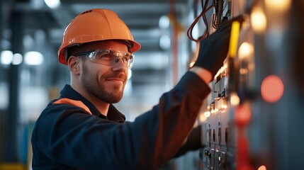 Poster - Skilled technician working on electrical panels in a modern industrial facility during the day