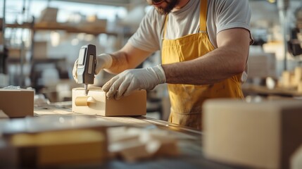 Poster - Craftsman assembles cardboard boxes in a workshop during daylight hours with precise tools and attention to detail
