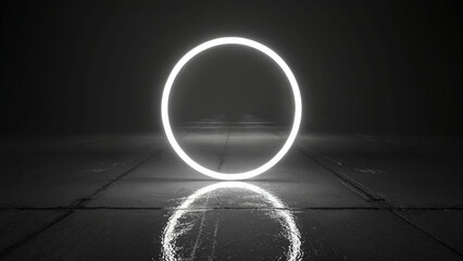 Wall Mural - a black and white artistic photograph of a glowing white circular portal reflected on a reflective d