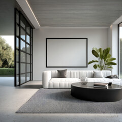 Poster - Modern white sofa, black round table, large blank frame, striped rug, indoor plant, minimalist living room, natural light
