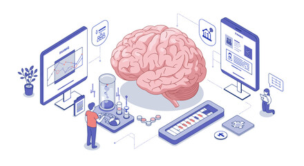 Poster - Isometric vector illustration of artificial intelligence and healthcare technology for innovative medical solutions
