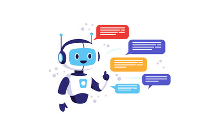 Poster - Cute robot chatting with colorful speech bubbles vector illustration for technology design