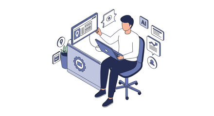 Poster - Isometric vector illustration of a person working on a laptop with digital icons for office or remote work design
