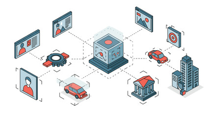 Poster - Digital communication network with modern technology icons, 3d isometric vector illustration for web and print design
