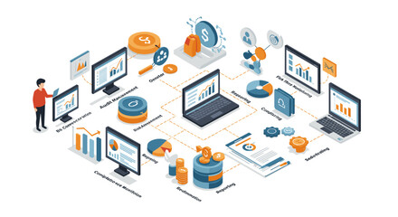 Poster - Isometric business data analysis vector illustration for office design and digital marketing