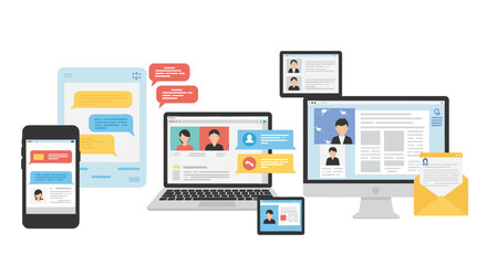 Poster - Digital communication vector illustration: devices and online interaction in flat style for web design