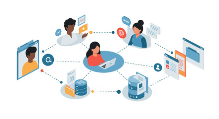 Poster - Team collaboration in digital workspace vector illustration for business and technology design