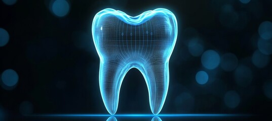 Poster - Futuristic Dental Care Illustration with Glowing Holographic Tooth and Advanced Technology Design