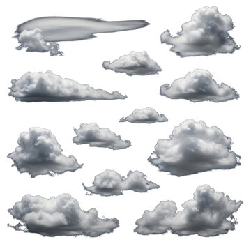 A collection of fluffy cumulus clouds isolated on transparent background