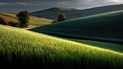 Poster - Rolling hills green grass sunlight landscape countryside nature field outdoor peaceful scenic view