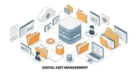Poster - Digital asset management system concept vector illustration in isometric design for data organization