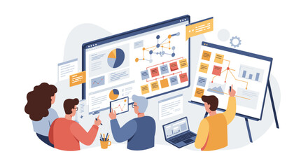 Poster - Collaborative business meeting vector illustration for data analysis and strategy presentation