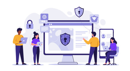 Poster - Cybersecurity teamwork concept vector illustration for digital protection and data security