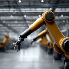 Poster - Industrial robot arm automation factory technology manufacturing yellow metal modern precision machinery