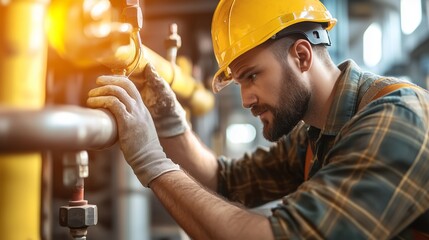 Poster - Skilled worker inspects industrial pipes in a modern facility during the day