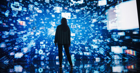Aufkleber - Young Woman Standing Before a Dynamic Digital Screen, Immersed in Internet Visualization. Internet Cyberspace with Web Content, Icons, Animated Stream of Online Applications and Entertainment