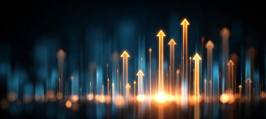 Poster - Abstract Concept of Growth Indication with Ascending Yellow Arrows on a Blurred Blue Background