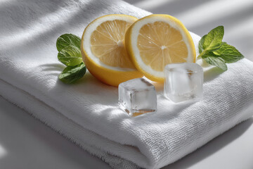 Poster - Fresh lemon slices, ice cubes, and mint leaves on white towel create refreshing, clean, and natural spa atmosphere with bright lighting
