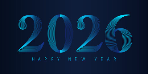 Poster - Happy New Year 2026 modern text vector luxury design blue color line on dark background. Happy new year banner. 3d Hand drawn, handwritten numbers.
