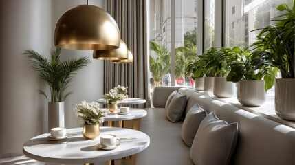 Poster - Modern minimalist cafe interior with gold pendant lights, white tables, potted plants, and natural sunlight creating calm, elegant atmosphere