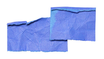 Poster - Blue crumpled wrinkled torn pieces of blank paper note cardboard with texture and copy space, close up transparent png background isolated cut out design element